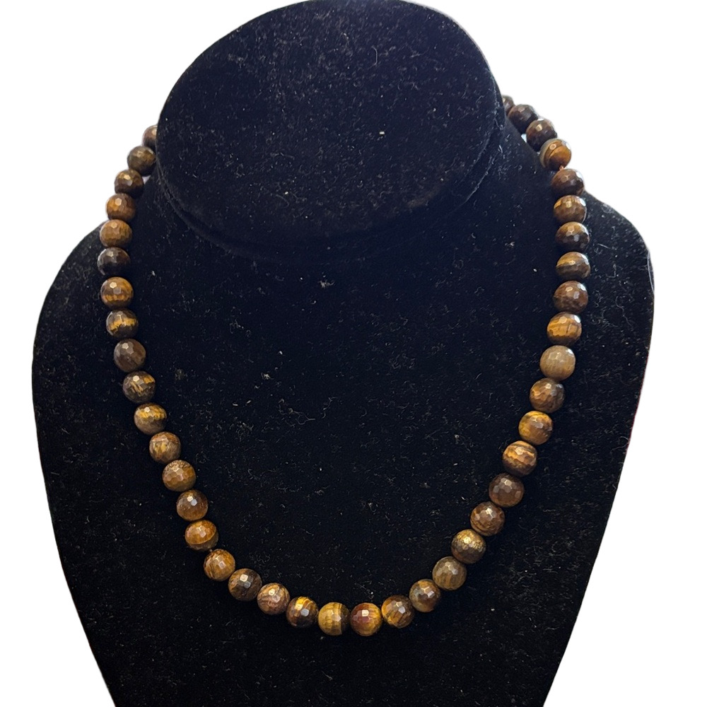 Gold-Brown High Polished Tiger's Eye Bead Necklace With 925 Closure